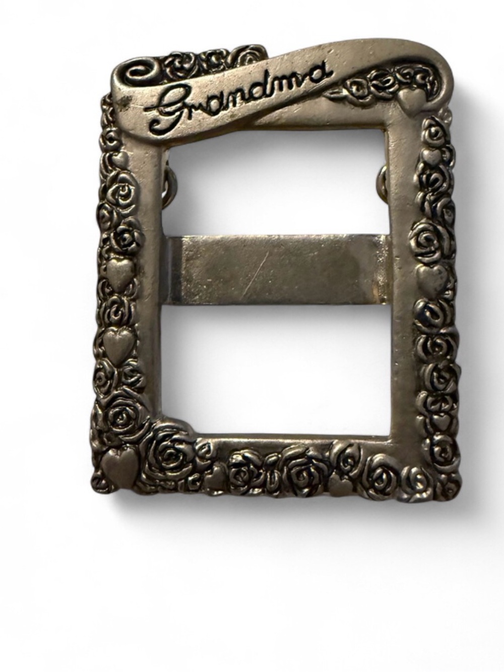 Vintage Grandma Mini Picture Frame Brooch Pin Silver Tone Roses Hearts Gift - Picture 2 of 5